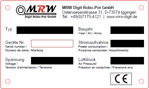 Typenschild MRW Digit Robo-Pot GmbH